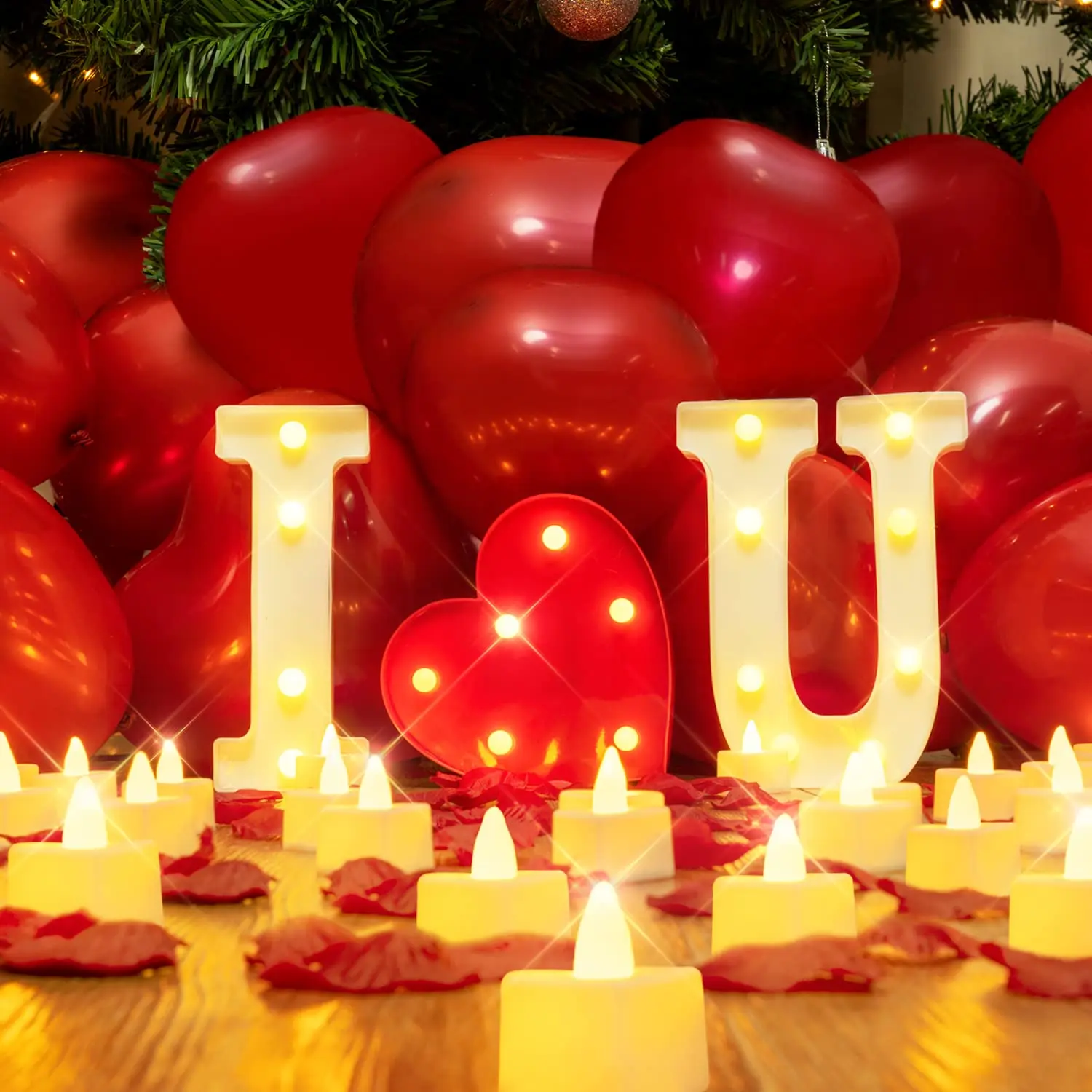 I Love U Light Up Letters Proposal Decorations, I Love U Sign with 24Pcs Flameless Candles 1000Pcs Red Fake Rose Petals 30Pcs Red Balloons for Valentine's Day Wedding Proposal Romantic Night Led Neon Sign Home Ornament Back to School Summer Sale Deals