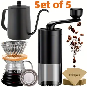 V60 Pour Over Coffee Maker Set, Includes 20oz/600ml Pour Over Coffee Kettle, Manual Conical Burr Coffee Grinder, 20oz/600ml Glass Coffee Carafe, Glass Pour Over Coffee Cone with Bamboo Stand, V02 Filter Paper(100 Sheets), Gift for Coffee lovers