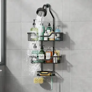 Shower Caddy Hanging 3 Tier Rustproof Organizer with Baskets Soap Basket Hooks for Razor Sponge No Drilling Bathroom Over Showerhead Black Removable Design Large Capacity Premium Material Easy Installation