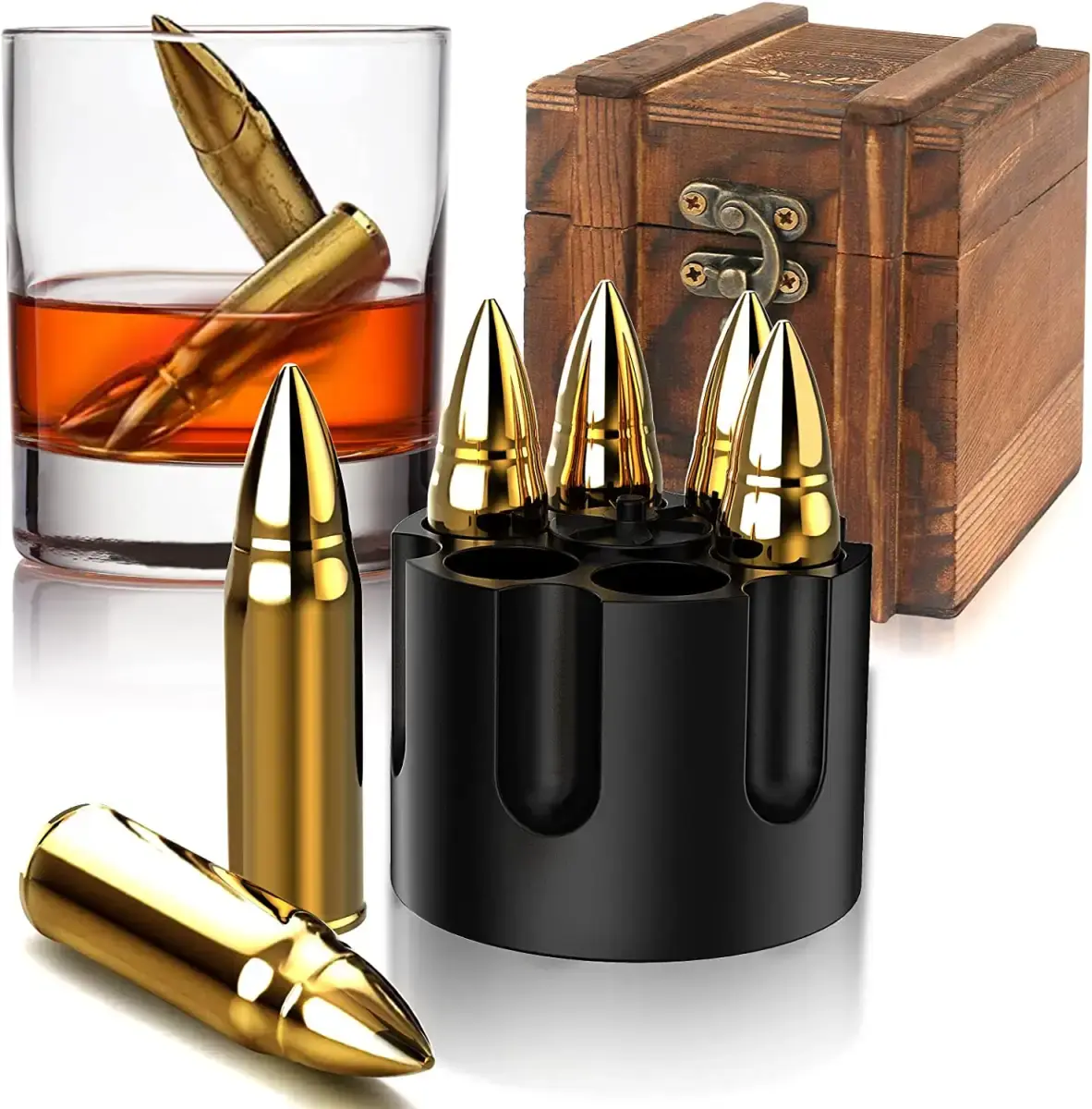 HittCraft Metal Whiskey 6-Stone Set - Corrosion-Resistant, Durable Bar Cocktail Utensils with Revolver Freezer Base, Wood Box Gift Set, Gifting Option for Him, Reusable Chillers That Keeps Beverage Cold