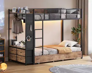 [Shipping by 2 Packages] FUSOU Hall Tree RGB Bunk Storage Bed Twin Over Twin [FRAME ONLY NO MATTRESS] , Power Outlet & LED Lights, Metal Bunk Bed with 6 Storage Drawers & 2 Hanging Rods, No Box Spring Needed, Easy Assembly, for Kids Teens Full Size