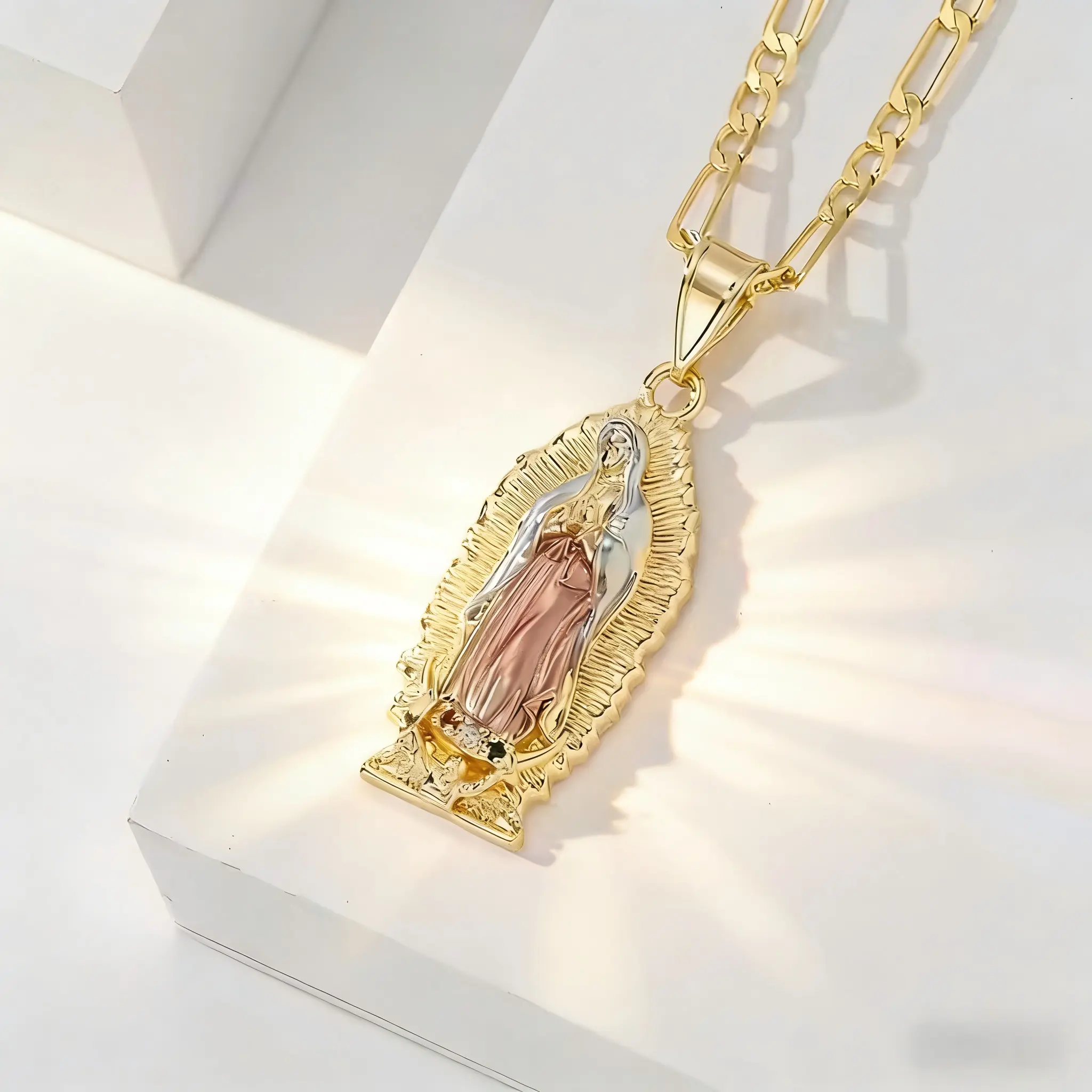 14K Gold Tri Color Frame Vertical Guadalupe Virgin Mary Necklace 60cm Figaro Long Chain 316 Stainless Steel Hypoallergenic Low Sensitivity Unisex Latin Catholic Daily Layering Religious Faith Jewelry
