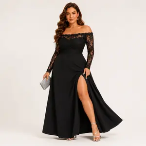 Plus Size Lace Off Shoulder Maxi Dress for Women, Long Sheer Sleeve High Slit Formal Evening Wedding Guest Cocktail Party Dress