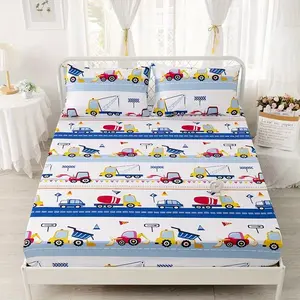 3-Piece Cartoon Car Pattern Decorative Bedding Set, Includes Fitted Sheet & Pillowcases, Breathable Polyester Fiber, All Seasons