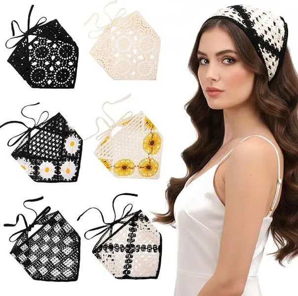 6Pcs Bohemian Crochet Hair Bandanas, Vintage Floral Daisy Knit Head Scarves, Tie-Back Lace Head Coverings, Soft Cotton Blend Breathable Hair Wraps, Handmade Style Accessories for Women, Ideal for Daily Wear, Parties, Music Festivals & Gifts