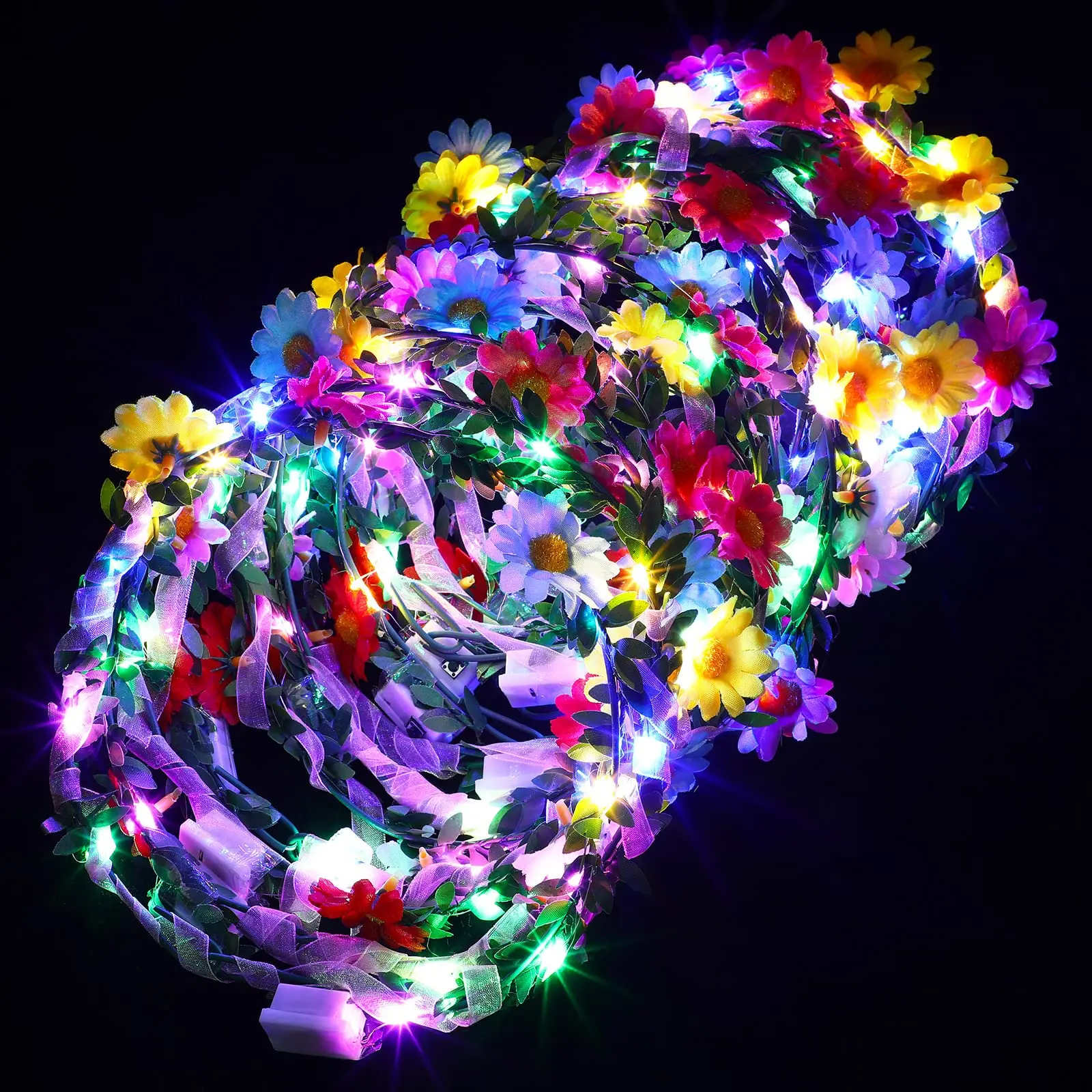 Women's Light-Up Floral Crown Headbands, 40 Pack Paper Flower Wreaths with LEDs for Wedding, Carnival Party Decoration, Decor Accessories, Female, Concerts, Glowing, Led Lighted, Birthday, Bridal, Button On The Back, Christmas, Long Lighting Time, Yes, Du