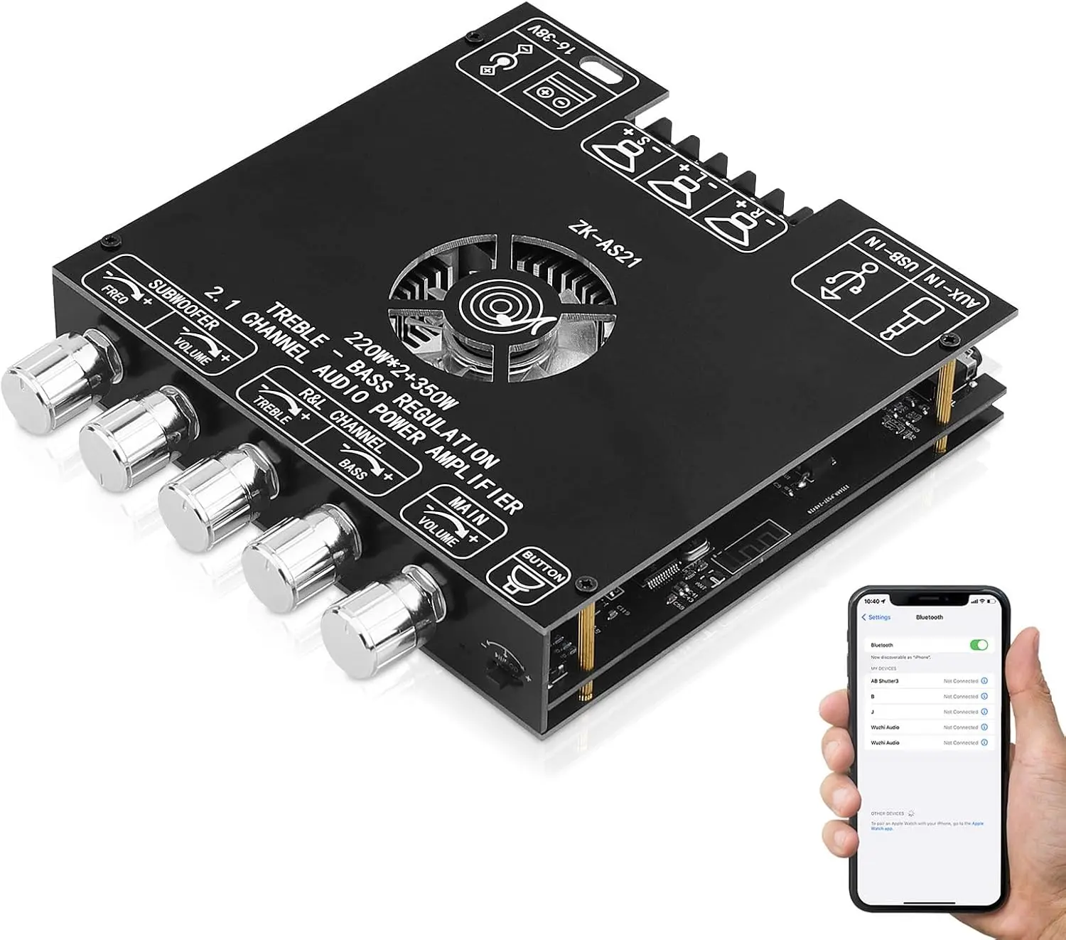 Bluetooth 5.1 Stereo Audio Amplifier Receiver - ZK-AS21, 2.1 Channel Digital Power Amplifier Module with 220W×2+350W Bass Output, HiFi Subwoofer Support, BT/USB/AUX Connection, Overheat Protection, DC 16-38V for Home Speakers, Treble/Bass Buttons Shape Yo