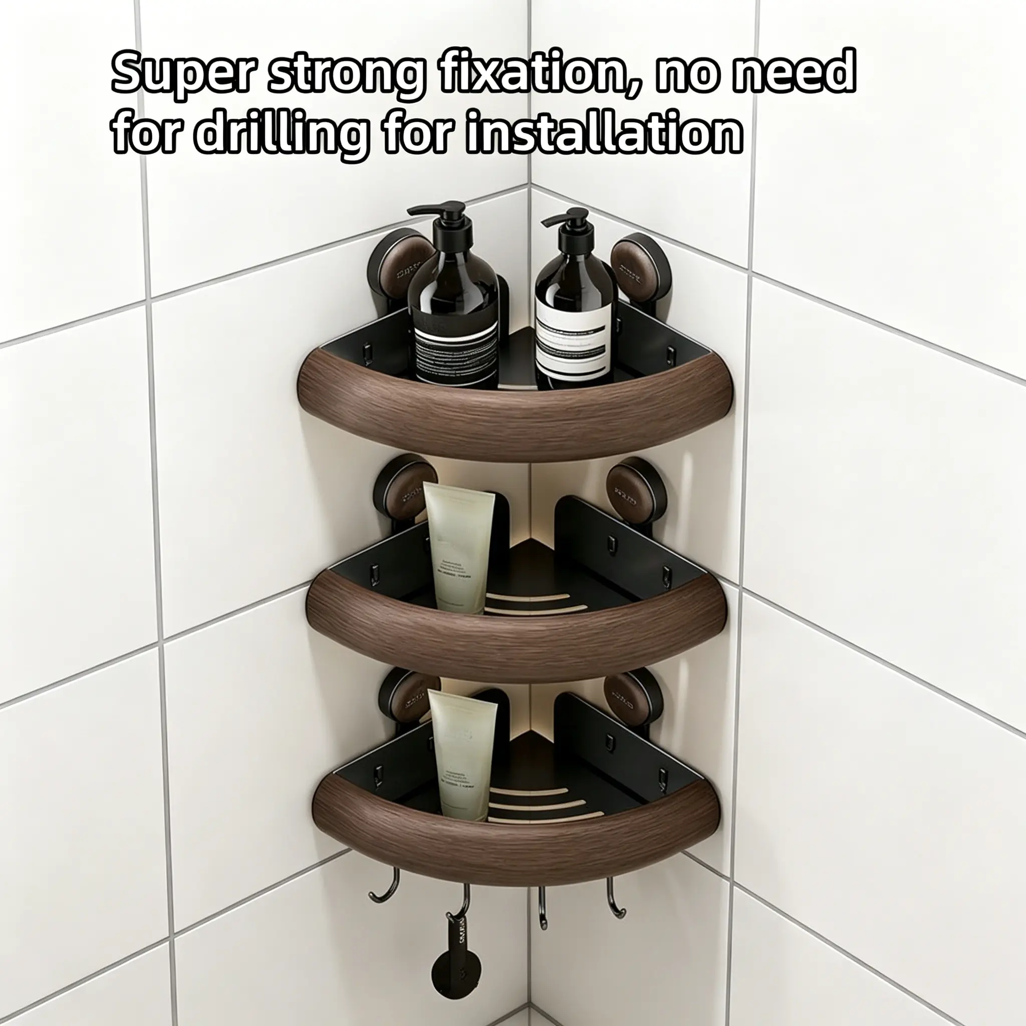 3 Pcs - Technology suction cup corner shelf - Rust-proof bathroom corner storage box - No drilling required, equipped with hooks - Detachable bathroom storage rack - Suitable for bathrooms, campers, and rentals