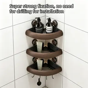 3 Pcs - Technology suction cup corner shelf - Rust-proof bathroom corner storage box - No drilling required, equipped with hooks - Detachable bathroom storage rack - Suitable for bathrooms, campers, and rentals