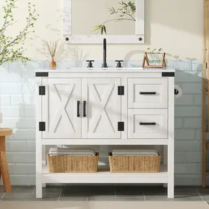[Ships in 2 Boxes] [Brandday][Memorialday] AMERLIFE 23.4"/36"/48"/60" Farmhouse Bathroom Vanity with Sink Combo, Wood Barn Door Freestanding Small Single Bath Storage Cabinet Set with Sliding Drawers & Open Shelf, Paper Towel Holder