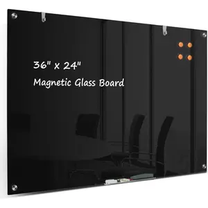 Dry Erase Board Black  Glass Whiteboard,  Modern Large Frameless Tempered Glass White Board for Wall, Office, School, Home, 36" x 24", 3' x 2' White Board