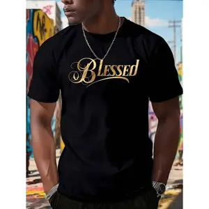 100% Cotton Men'S Plus Size "BLESSED" Golden Font Print T-Shirt, 100% Cotton Casual Short Sleeve Crew Neck Tee Golf Gift T-Shirt For Men And Women