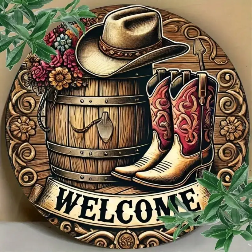 Vintage Welcome Sign Circular Wall Art Aluminum Retro Plaque for Home Room Restaurant Kitchen Bar Cafe Garden Cabin Garage Decoration Gifts Graduation New Year Birthday