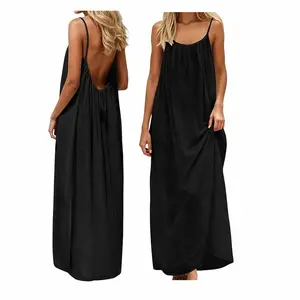 MG1 Women's Backless Spaghetti Strap Solid Color Cami Dress, Ladies Clothes for Beach Holiday Vacation, Minimalist Sleeveless Casual Dress for Summer, Backless Dresses, Womenswear, Long Lounge Dress with Drawstring, Length-Adjustable