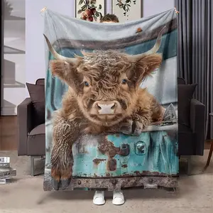 Highland Cow Pattern Blanket, Soft Throw Blanket, Air-conditioned Room Blanket, Warm Nap Blanket for Home Office Travel Camping