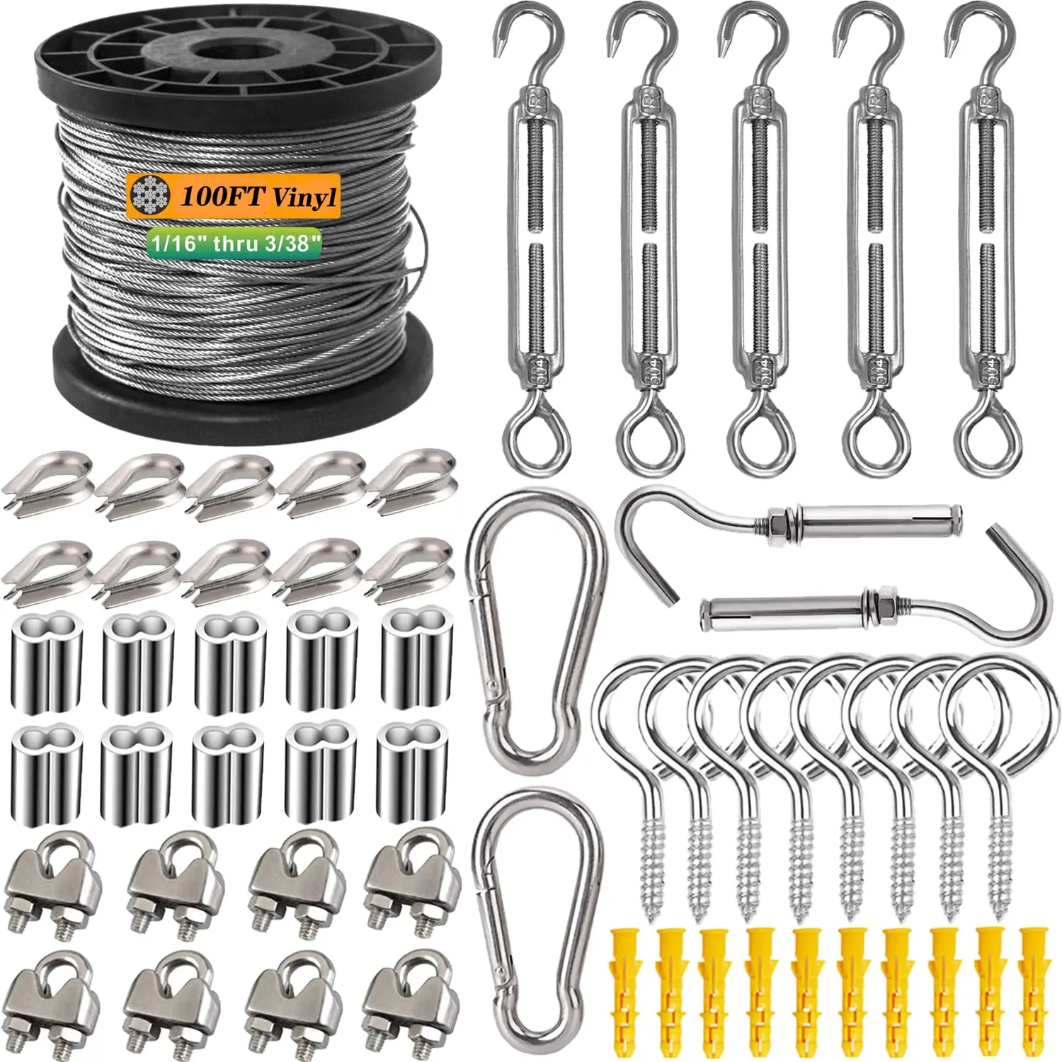 Heavy Duty 304 Stainless Steel Cable & Wire Rope Kit - 1/16in (1.5mm) 7x7 strands core, 100ft 2mm Vinyl Coated Aircraft Cable with Adjustable Turnbuckles, Carabiners, 368lbs Capacity for Outdoor Uses, Canopies, Climbing Plants