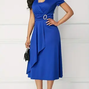 Cinched Waist V Neck Midi Dress, Elegant Short Sleeve Asymmetrical Ruffle Hem Dress For Party, Women's Clothing Fit Formal Blue Chic Collar Polyester