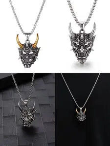 Oni Mask Samurai Necklace Stainless Steel Pendant Hip Hop Gothic Chain for Men Layering Streetwear Jewelry