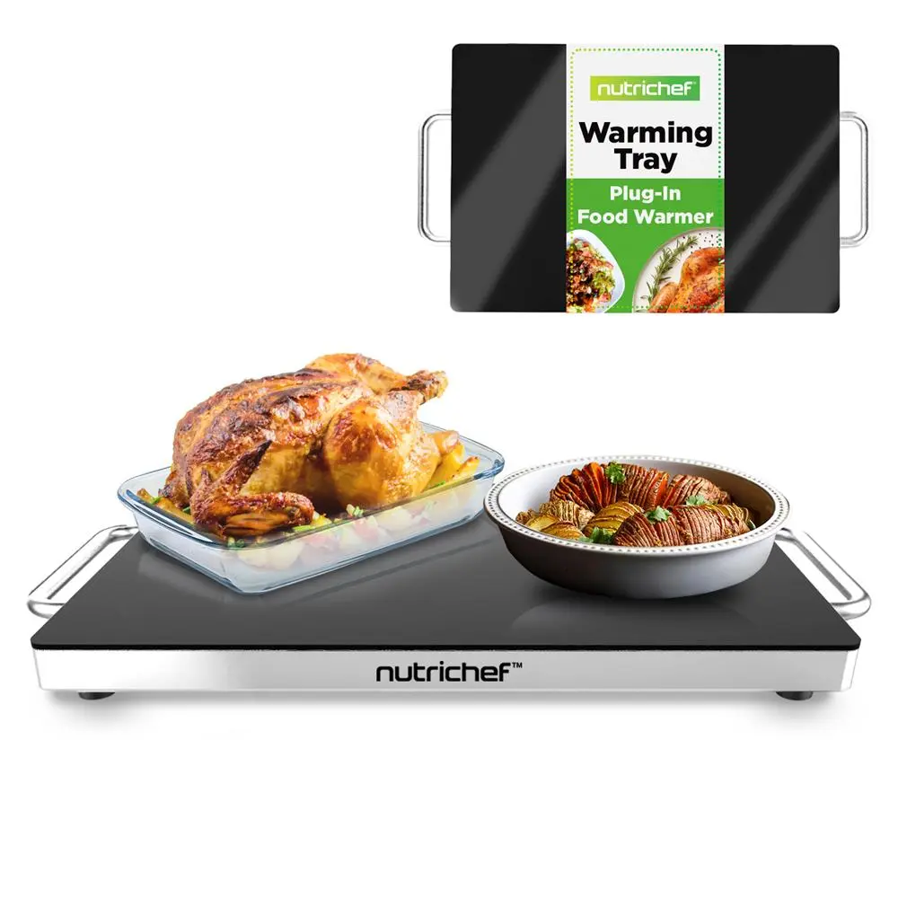 NutriChef Electric Warming Tray - Stainless Steel Ultra Thin Food Warmer with Tempered Glass Surface, 120V, 21.2''x12.3''x1.6'', 203°F Heating, Cool-Touch Handles, Works with Baking Sheets/Casserole Dishes, Ideal for Buffets, Home Kitchen Use