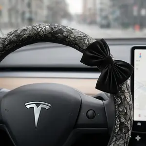Luxury Lace Steering Wheel Cover for Tesla Model Y2026 – Soft White, Breathable, Non-Slip, Cute Interior Upgrade