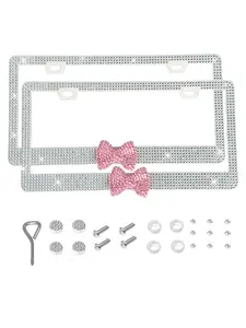 2 PCS Of Dazzling Plastic Bow License Plate Frames For Women, Personalized Car Plate, Car Accessories, Glittering Rhinestone Diamond Car Parts License Plate Frames And Glittering Crystal Hats