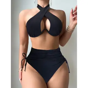 2026New Model Stylish Black Halter-Neck Crisscross Bikini Set with Ruched High-Waist Bottoms for Active Sports & Summer Swimming Non-Underwired Bra High-End Fabric