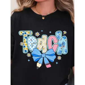 Preppy Teacher Floral Coquette Shirts, Teach Blue Floral Tee, Preppy Teacher Tops, Pencil Bow Teacher Checkered T-Shirts