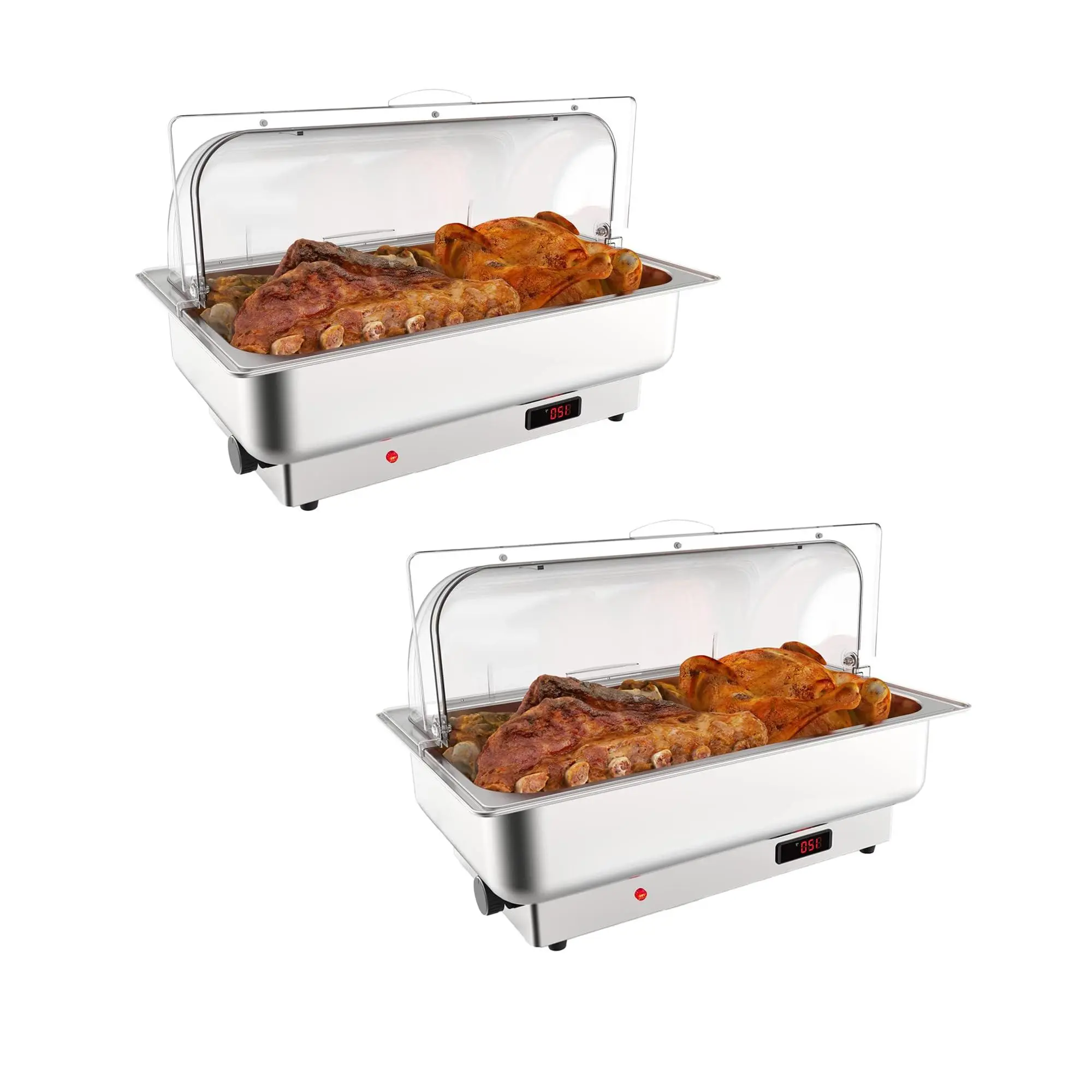 2 Packs Electric Chafing Dish Buffet Set, 9 QT Roll Top Food Warmer with Transparent PC Lid, 400W Temperature Control 86-200°F, Stainless Steel Chafer for Catering Parties