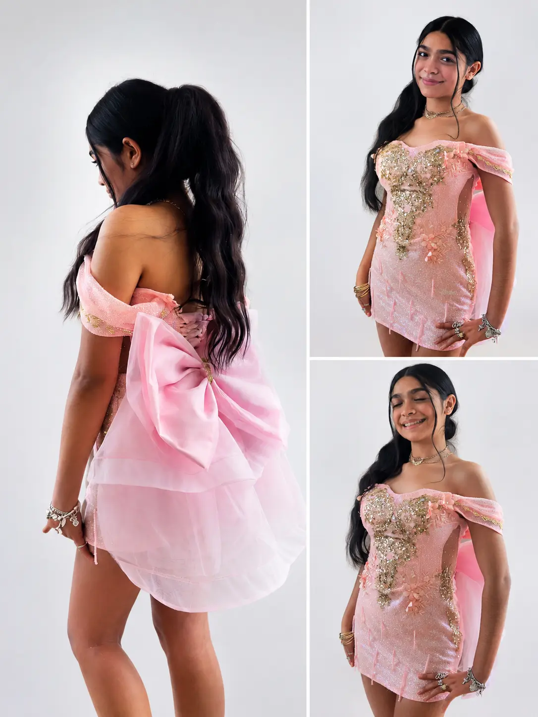 Womenswear Short Quinceanera Dress, Blush Pink with Glitter Gold Details, Size S