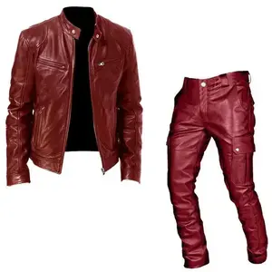 Men's Suit Leather Clothing Leather Pants Two-Piece PU Leather Casual Suit Menswear Gamis Long Sleeve（gift）