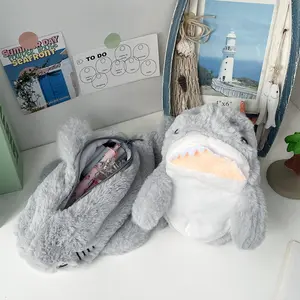 Fashion Shark-Shaped Large Capacity Portable Pencil Case, Soft Plush Polyester Travel School Makeup Earphone Storage Bag, Cute Women's Accessory