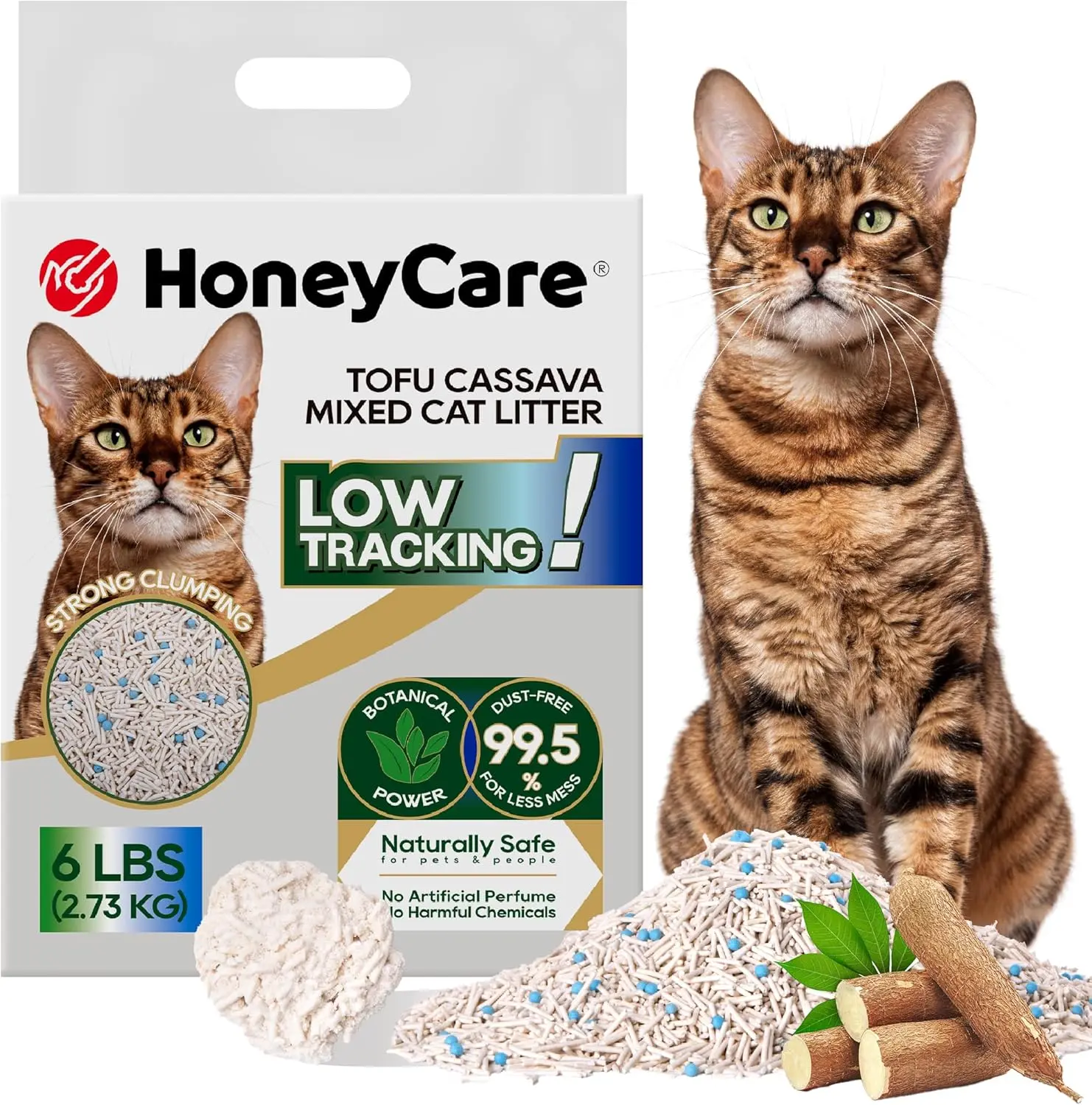 HoneyCare Cassava Tofu Mixed Cat Litter I Quick Clumping, Odor Control, Plant-Based Natural Ingredients, Non-Stick, Low Tracking, & Low Dust, 6 Lbs, SummerVibes petlovers