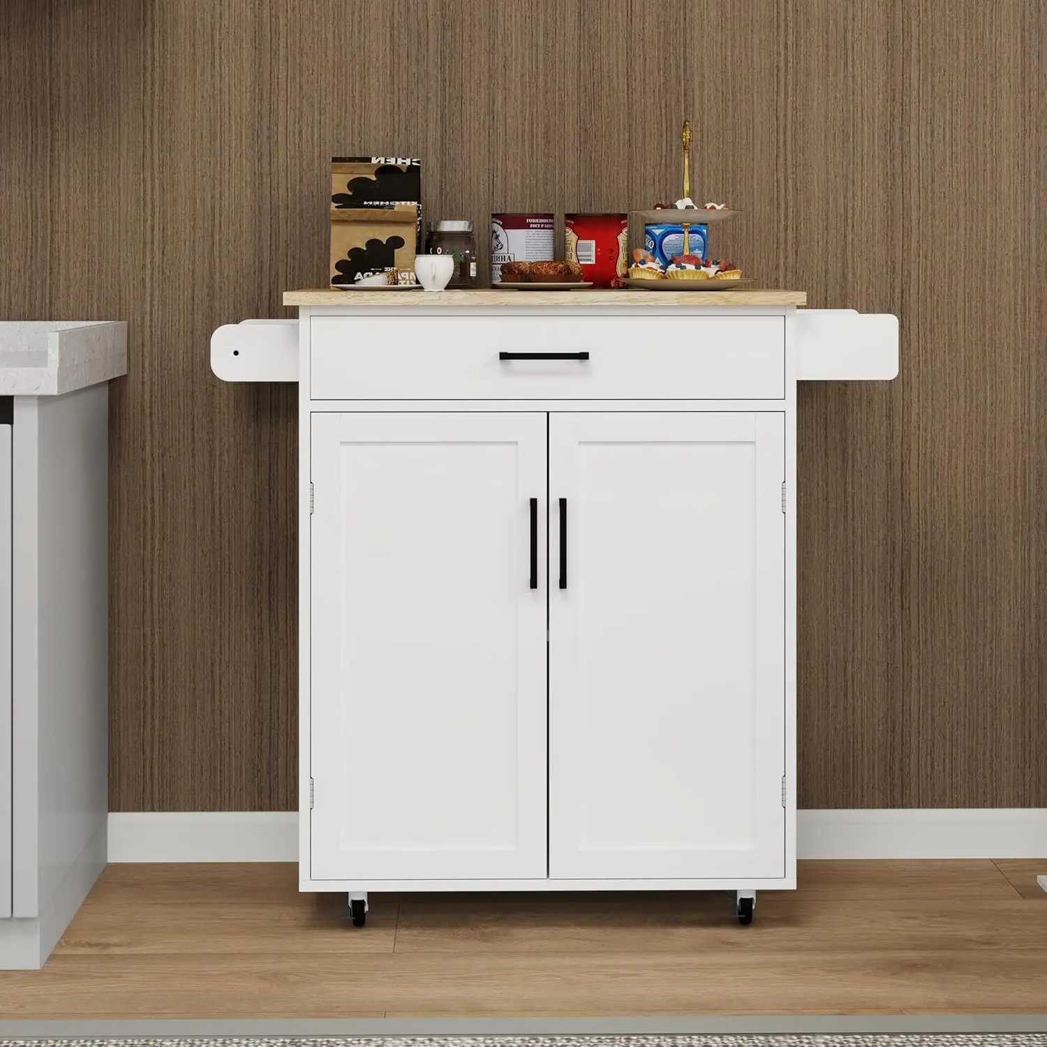 White Sturdy Durable Rolling Kitchen Island Trolley Cart with Rubber Solid Wood Table Top, 1 Drawer, 2 Doors, Adjustable Shelves, Towel Rack, Seasoning Rack - Assembly Required Indoor Furniture Cupboards & Cabinets (28.74 x 17.72 x 36.22 inches), Furnitur