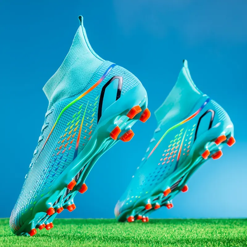 Male Football Boots - Synthetic High-Top, Lightweight, Breathable, Non-Slip Outsole, White/Orange Gradient, Comfortable, Turf Traction, Suitable for Outdoor Sport Training, Wetland Matches, All Seasons