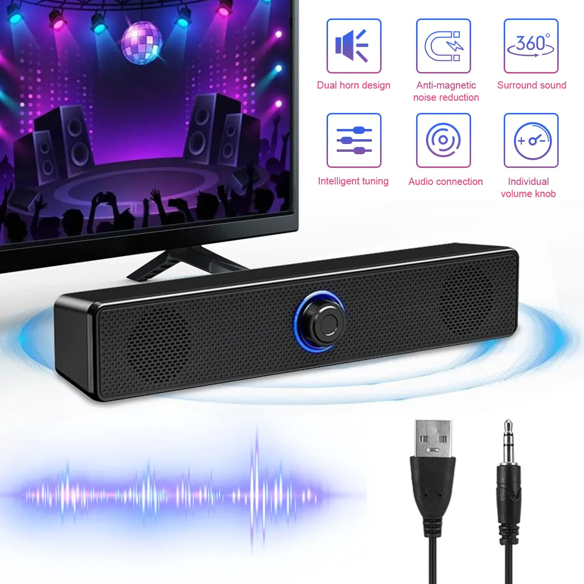Home Theater Soundbar Wired Sound Bar Speaker System with Subwoofer 3.5mm Jack AUX Computer Speaker Soundbar
