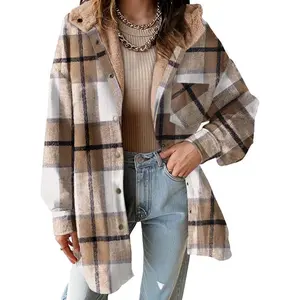 Women's Flannel Hooded Plaid 2025 Shacket Thick Coat Winter Coat for Warmth Button down Warm and Fuzzy Fleece Jacket