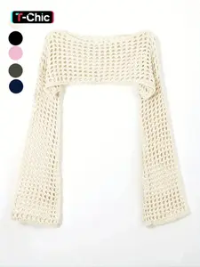 Women's Y2K Plain Hollow Out Flounce Sleeve Super Crop Cover Up, Casual Long Sleeve Boat Neck Knit Top for Daily Wear, Ladies Clothes for Fall