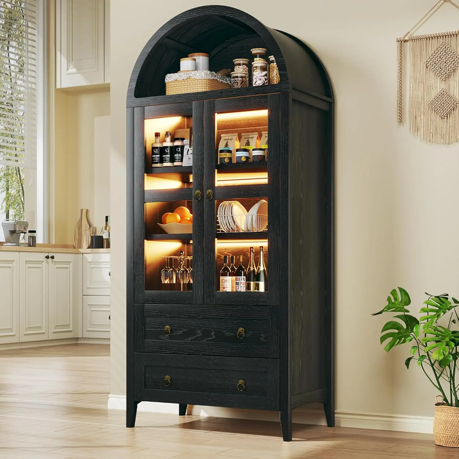 71" Tall Arched Kitchen Pantry, Arched Cabinet , Kitchen Storage Cabinets with 2 Large Drawers & Adjustable Shelves & Glass Door for Living Room, Dining Room, Black