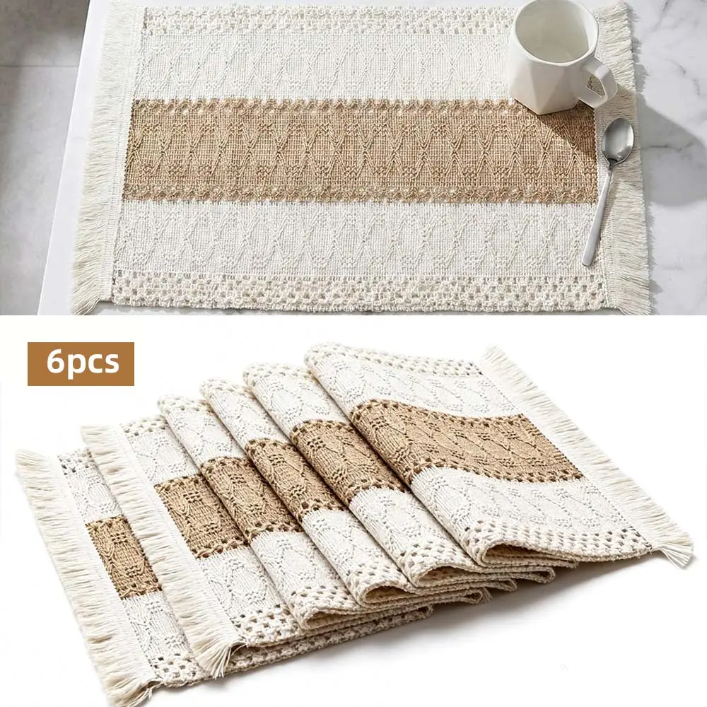 6-Piece Handmade Craft Vintage Bohemian Look Square Su-Woven Placemats, Farmhouse Vibe Cotton-Linen Kitchen Linens, Ideal for Holiday Events & Special Occasions