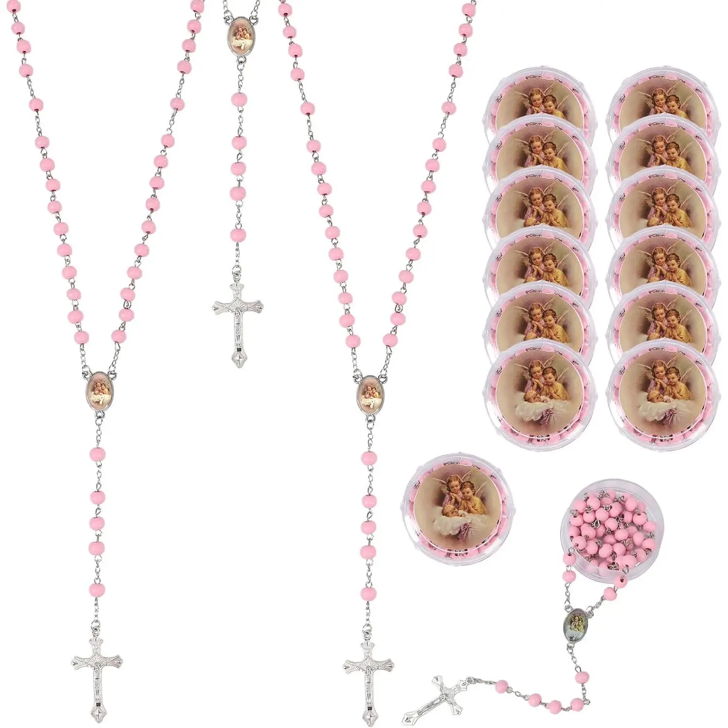 12 PCS Guardian Baby Angel Pink Bead Scented Rosaries Baptism Favors for Girls, Baptism Souvenirs for Girls, Catholic Rosaries 12 Pack for Souvenirs, First Communion Souvenirs for Girls