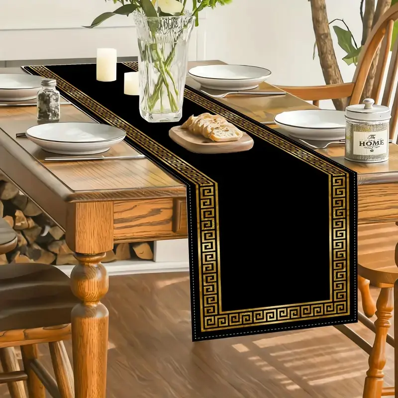 1/5/7-piece set, black gold Greek geometric patterned rectangular linen table flag and placemat set, Decorative Artistic Elegant European classical art design, suitable for kitchen dining, dining room, living room, home decoration, and party decoration