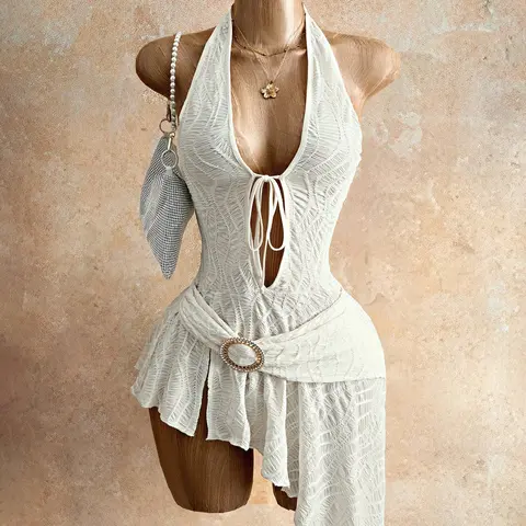 FEITAI Women's Elegant Knitted Mini Dress - Sexy V-Neck Lace-Up Halter, Backless, Asymmetric Hem, Party Going Out Style, Special Clothing, Easy to Pair with Accessories