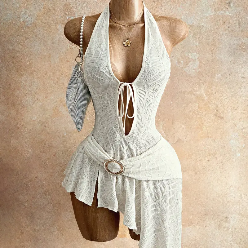 FEITAI Women's Elegant Knitted Mini Dress - Sexy V-Neck Lace-Up Halter, Backless, Asymmetric Hem, Party Going Out Style, Special Clothing, Easy to Pair with Accessories