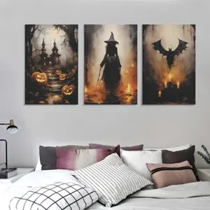Halloween Wall Art Canvas Poster Set 3-Piece Vertical Decor for Witch & Pumpkin Party Easy Hang Kit Included 8x12 12x16 16x24 24x36 Sizes UV-Resistant Premium Canvas Room Ornaments Artistic Photo Gifts - Hanging
