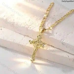 14K Gold Plated Brass Cross Charm Necklace with Micro-Paved CZ for Women