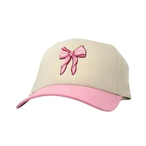 Bow Trucker Hat with Pink Brim, Soft Fabric, and Bow Embroidery