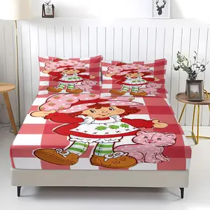 Strawberry Shortcake Themed Fitted Sheet,Colorfast,Including 1 Bed Sheet and 2 Pillowcases,The Non Slip Dust Cover is Suitable for Children,Teenagers and Adults Bedrooms and Guest Rooms,Suitable for Personal Use or as a Gift Bedding Set
