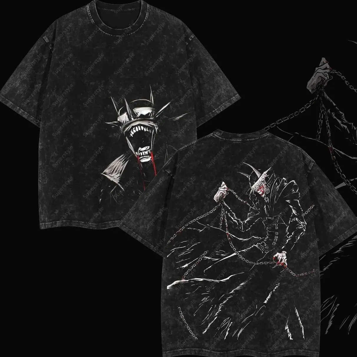 Superstyle Villain Bat Who Laughs Dark Nights: Death Metal Edition Double Printed Oversize Lightweight Acid Washed Tee TV Series Graphic Design Top Cotton Streetwear Comic Superheroes T-Shirt Clothes Menswear Womenswear H59