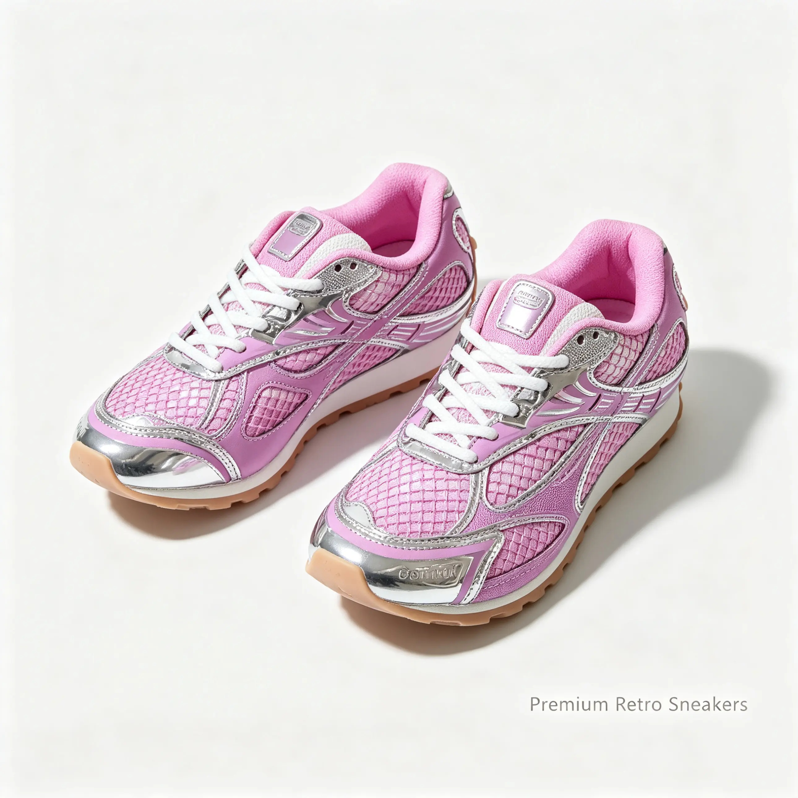Unisex Retro Sneakers, Breathable Pink-Silver Mesh, Herringbone Anti-Slip Gum Outsole, Lace-Up, Lightweight Comfortable Casual Trainers for Daily Outdoor Use