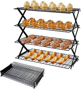 4-Tier Collapsible Cooling Rack, Adjustable Stackable Stainless Steel Baking Rack with Leak-Proof Mesh & X-Shaped Structure, Dishwasher Safe for Cookies, Bread and Pastries